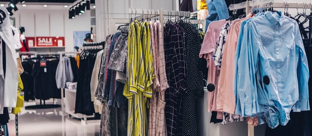 Clothing rails inside a bright retail store